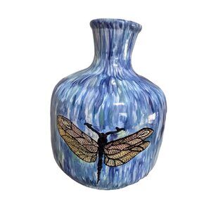 Studio Pottery Vase Dragonfly Blue 9"x7" Drip Glaze Signed Helga Farmhouse Decor